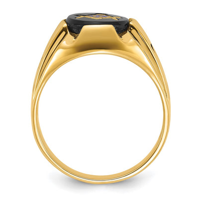 14K Men's Polished, Antiqued and Grooved with Oval Onyx Masonic Ring