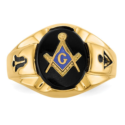 14K Men's Polished, Antiqued and Grooved with Oval Onyx Masonic Ring