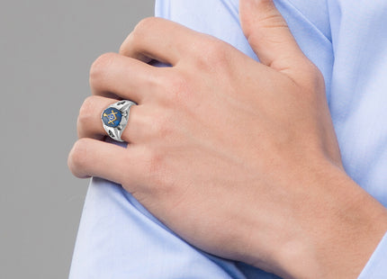 14k White Gold Men's Polished, Antiqued and Grooved with Imitation Blue Spinel Masonic Ring