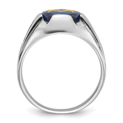 14K White Gold Men's Polished, Antiqued and Grooved with Imitation Blue Spinel Masonic Ring