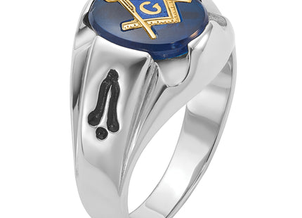 14k White Gold Men's Polished, Antiqued and Grooved with Imitation Blue Spinel Masonic Ring