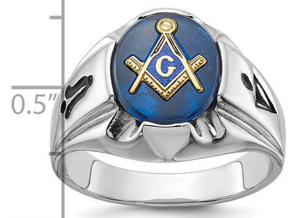 14k White Gold Men's Polished, Antiqued and Grooved with Imitation Blue Spinel Masonic Ring
