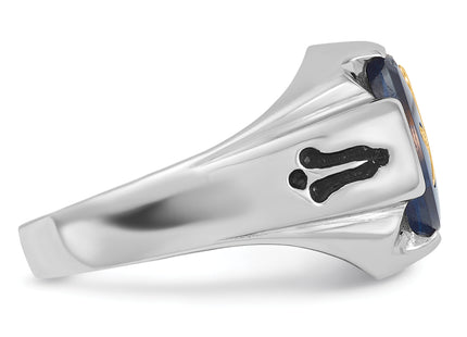 14k White Gold Men's Polished, Antiqued and Grooved with Imitation Blue Spinel Masonic Ring