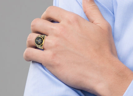 14k Men's Polished and Textured with Black Enamel and Oval Onyx Masonic Ring