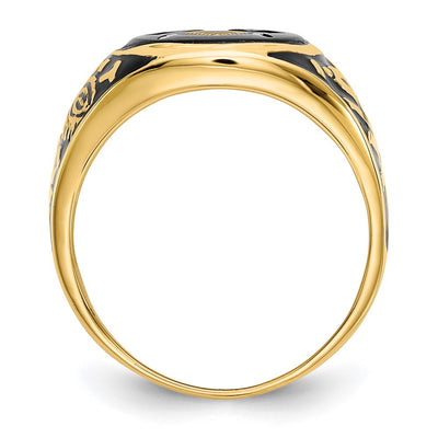 14K Men's Polished and Textured with Black Enamel and Oval Onyx Masonic Ring