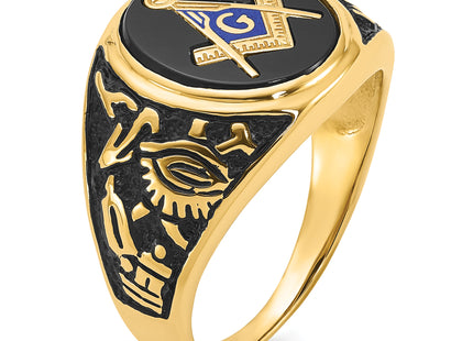 14k Men's Polished and Textured with Black Enamel and Oval Onyx Masonic Ring