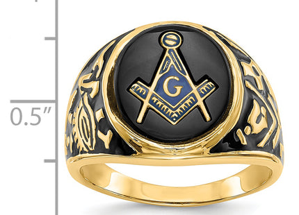 14k Men's Polished and Textured with Black Enamel and Oval Onyx Masonic Ring