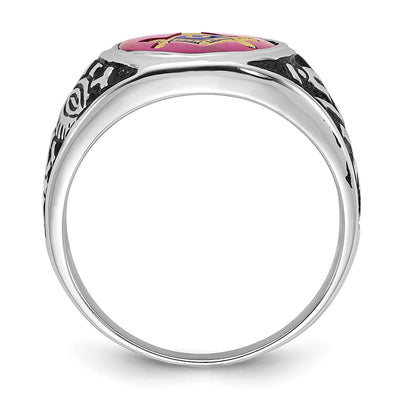 14K White Gold Men's Polished, Antiqued and Textured with Lab Created Ruby Masonic Ring