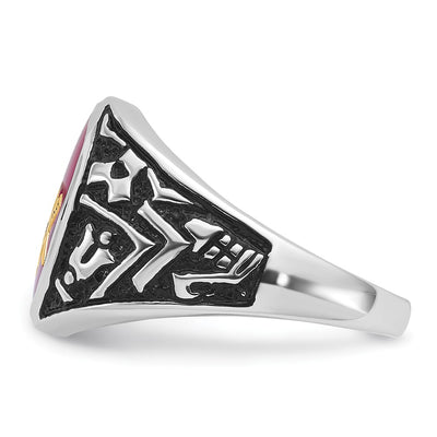 14K White Gold Men's Polished, Antiqued and Textured with Lab Created Ruby Masonic Ring