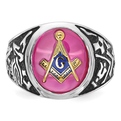 14K White Gold Men's Polished, Antiqued and Textured with Lab Created Ruby Masonic Ring