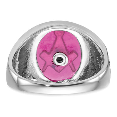 14K White Gold Men's Polished, Antiqued and Textured with Lab Created Ruby Masonic Ring