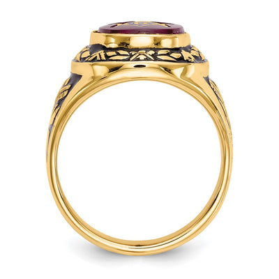 14K Men's Polished, Antiqued and Textured with Lab Created Ruby Masonic Ring