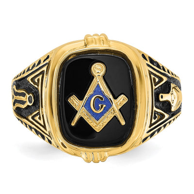 14K Men's Polished, Antiqued and Textured with Onyx Masonic Ring