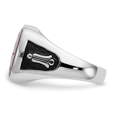 14K White Gold Men's Polished and Textured with Black Enamel and Lab Created Ruby Masonic Ring