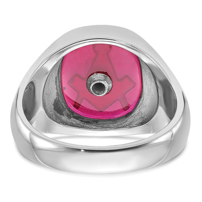 14K White Gold Men's Polished and Textured with Black Enamel and Lab Created Ruby Masonic Ring