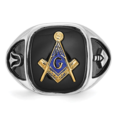 14K White Gold and Gold-plated Polished and Textured with Black Enamel and Onyx Masonic Ring
