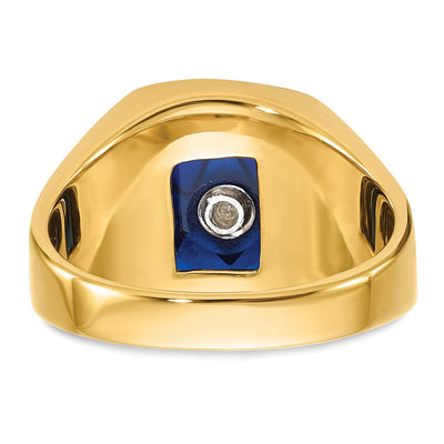 14K Men's Polished and Grooved with Black Enamel and Imitation Blue Spinel Masonic Ring