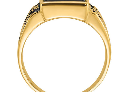 14k Men's Polished and Textured with Black Enamel and Onyx Masonic Ring (Style Y4096M)