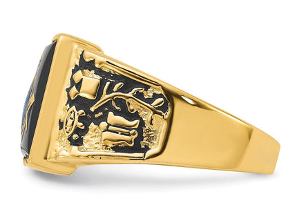 14k Men's Polished and Textured with Black Enamel and Onyx Masonic Ring (Style Y4096M)