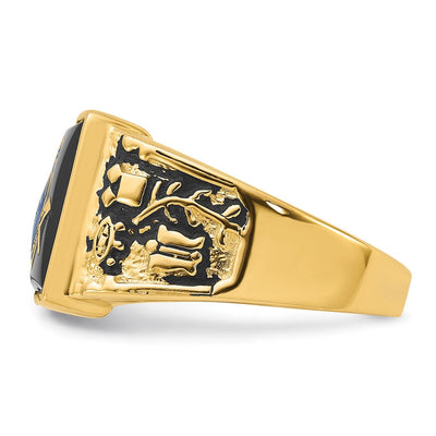 14K Men's Polished and Textured with Black Enamel and Onyx Masonic Ring