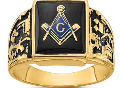 14k Men's Polished and Textured with Black Enamel and Onyx Masonic Ring (Style Y4096M)