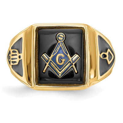 14K Men's Polished, Antiqued & Textured Onyx Masonic Ring
