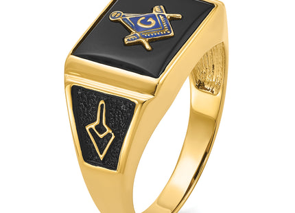 14k Men's Polished and Textured with Black Enamel and Onyx Masonic Ring