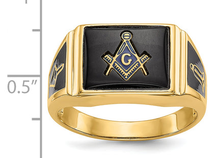 14k Men's Polished and Textured with Black Enamel and Onyx Masonic Ring
