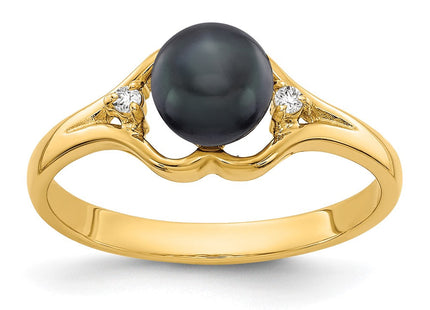 14K 6mm Black Freshwater Cultured Pearl and VS Diamond Split Band Ring