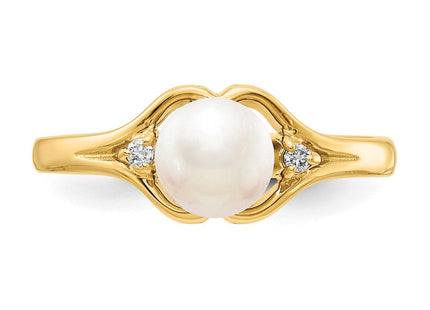 14K 6mm White Freshwater Cultured Pearl and VS Diamond Split Band Ring, view 4
