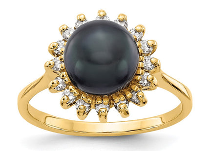 14K 7.5mm Black Freshwater Cultured Pearl and 1/4 carat VS Diamond Halo Ring