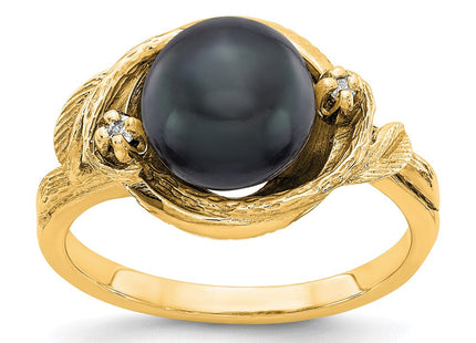 14K 7.5mm Black Freshwater Cultured Pearl and AAA Diamond Swirl Ring
