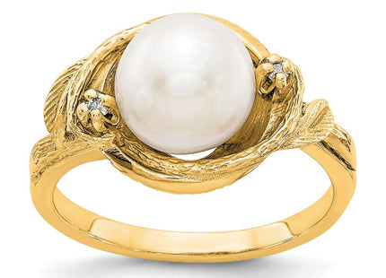 14K 7.5mm White Freshwater Cultured Pearl and AAA Diamond Swirl Ring
