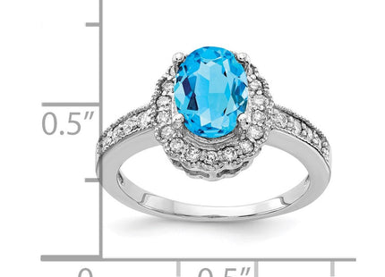 14K White Gold 8x6mm Oval Blue Topaz and 1/3 carat AAA Diamond Halo Ring, view 3