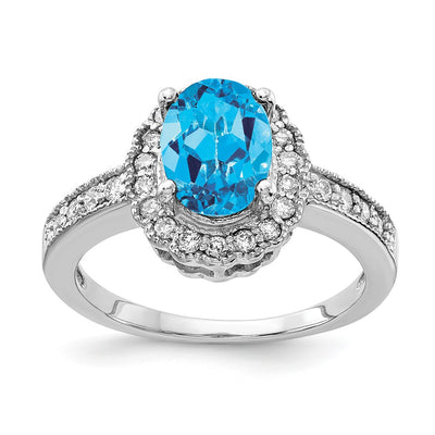 14K White Gold Oval Blue Topaz AAA Diamond ring
