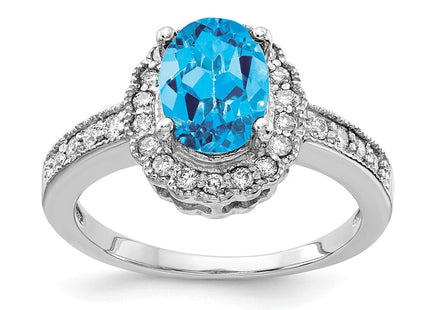 14K White Gold 8x6mm Oval Blue Topaz and 1/3 carat AAA Diamond Halo Ring