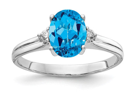 14K White Gold 8x6mm Oval Blue Topaz and AAA Diamond Ring