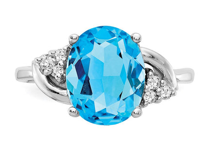 14K White Gold 10x8mm Oval Blue Topaz and 1/15 carat AAA Diamond Ring, view 3