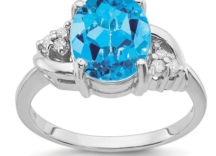 14K White Gold 10x8mm Oval Blue Topaz and 1/15 carat AAA Diamond Ring