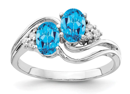 14K White Gold 6x4mm Oval Blue Topaz and 1/20 carat A Diamond 2 Stone Ring