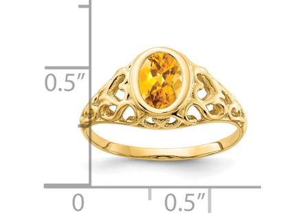 14K 7x5mm Oval Citrine Bezel Heart Filigree Ring, view 3