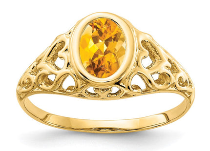 14K 7x5mm Oval Citrine Bezel Heart Filigree Ring