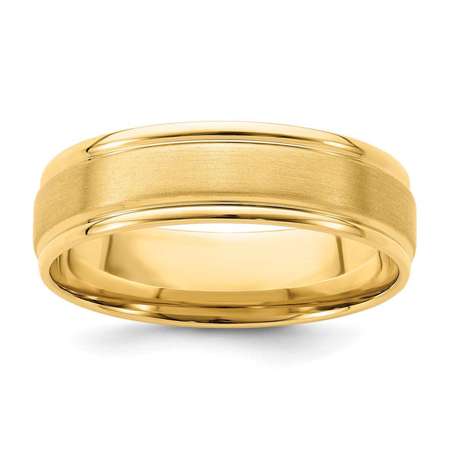 14k Yellow Gold Lightweight Comfort Fit Brushed Satin/Polished Grooved Edge Wedding Band