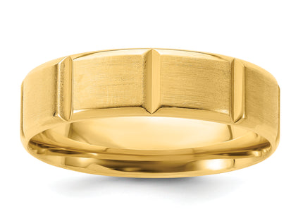 14k Yellow Gold Lightweight Comfort Fit Brushed/Polished Beveled Edge with Vertical Lines Wedding Band