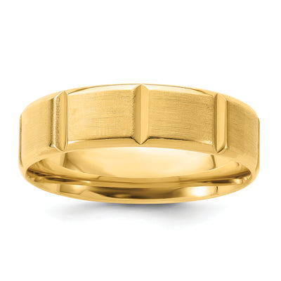 14K Yellow Gold Lightweight Comfort Fit Brushed/Polished Beveled Edge with Vertical Lines Wedding Band