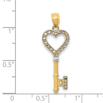 14K w/White Rhodium Polished Heart Key Charm, 30 x 10mm