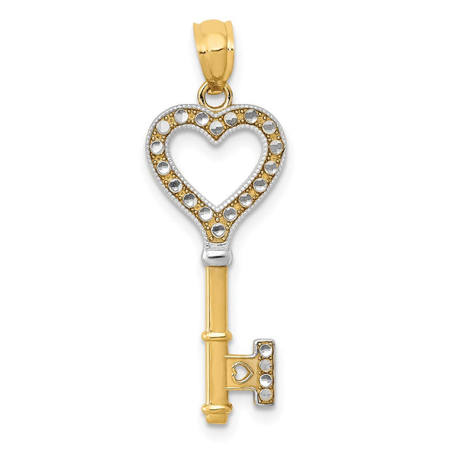 14K w/White Rhodium Polished Heart Key Charm, 30 x 10mm