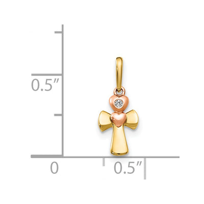 14K Yellow and Rose Gold CZ Children's Cross Heart Pendant