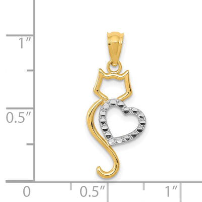 14K Rhodium-Plated Polished Cat w/Heart Pendant