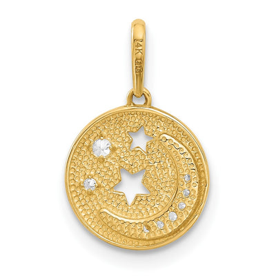 14K Polished CZ Moon and Stars in Disc Pendant